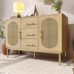 Matteo Spacious Rattan Sideboard Storage Cabinet With 2 Doors, 3 Drawers, Oak Finish, 120X40X74Cm - thumbnail 1