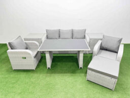 Fimous Outdoor Rattan Garden Furniture Dining Set 6-Seater Patio Rectangular Table 3 Seater Sofa Set With 2 Side Tables Big Stool - thumbnail 1