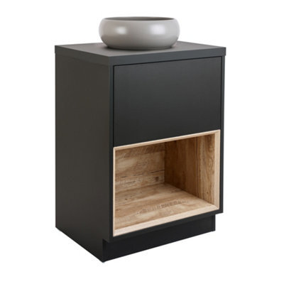 Homestylestore Black Grey 600mm Bathroom Vanity Unit Round Pebble Countertop Basin Open Shelf - image 1