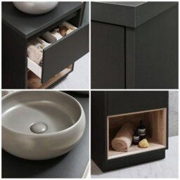 Homestylestore Black Grey 600mm Bathroom Vanity Unit Round Pebble Countertop Basin Open Shelf - thumbnail 2