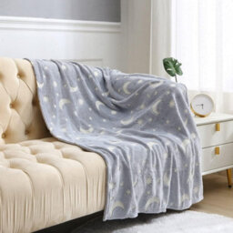 Homes & Linen Glow In The Dark Fleece Blanket Throw With Moons And Stars Pattern Super Soft Blanket For All Seasons Stars Grey, 100 X 150Cm - thumbnail 2
