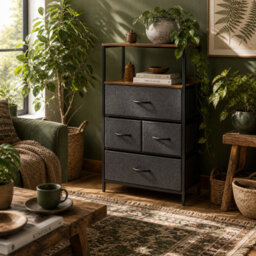 Wyld Haus Lolula 4-Drawer Black Storage Chest With Open Shelves - Slim Tall Unit 58W X 29D X 103H Cm - thumbnail 1