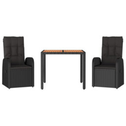 Berkfield 3 Piece Garden Dining Set Black Poly Rattan&solid Wood Acacia - thumbnail 3