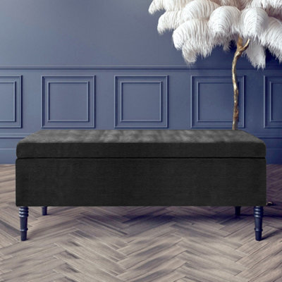 90Cm Paris Plain Ottoman Storage Bench -Naples Shoes Bench With Black Turned Wooden Legs - Black Upholstery Storage Footstool - image 1