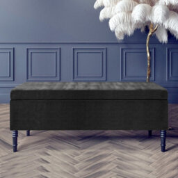 90Cm Paris Plain Ottoman Storage Bench -Naples Shoes Bench With Black Turned Wooden Legs - Black Upholstery Storage Footstool - thumbnail 1