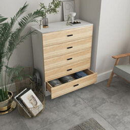 Urbnliving Height 90.5Cm 5 Drawer Wooden Bedroom Chest Cabinet Modern White Carcass And Oak Drawers Wide Storage Cupboard Closet - thumbnail 3