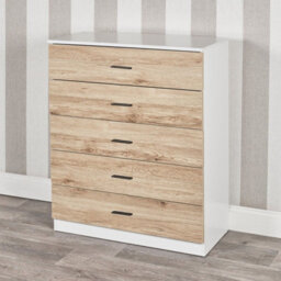 Urbnliving Height 90.5Cm 5 Drawer Wooden Bedroom Chest Cabinet Modern White Carcass And Oak Drawers Wide Storage Cupboard Closet - thumbnail 1