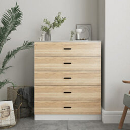 Urbnliving Height 90.5Cm 5 Drawer Wooden Bedroom Chest Cabinet Modern White Carcass And Oak Drawers Wide Storage Cupboard Closet - thumbnail 2