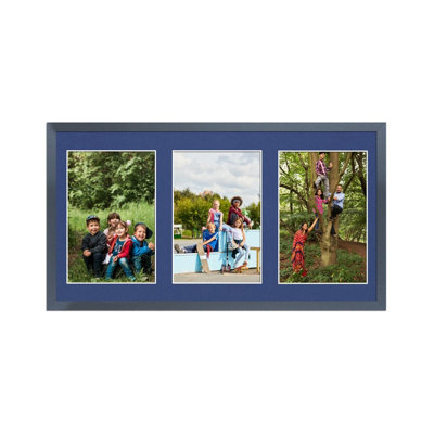 AK Frames 40X20Cm Dark Grey Sleek Multi Photo Frame With Blue Mount - Holds 3 Apertures (3X) 6X4 Photos - image 1
