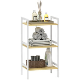 Homcom 3-Tier Bamboo Bathroom Storage Shelf With Adjustable Rack, White - thumbnail 2