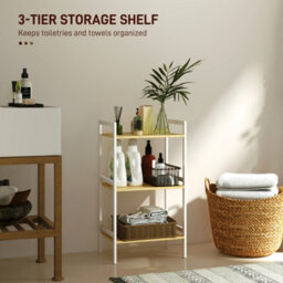 Homcom 3-Tier Bamboo Bathroom Storage Shelf With Adjustable Rack, White - thumbnail 4