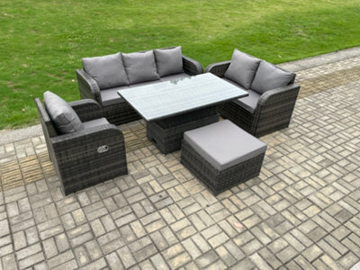 Fimous 7 Seater Outdoor Rattan Furniture Garden Dining Set Height Adjustable Rising Lifting Table With 3 Seater Sofa - image 1