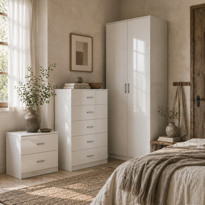 Wyld Haus Belatera High Gloss White 3-Piece Bedroom Furniture Set - Wardrobe, 5-Drawer Chest, 2-Drawer Bedside - image 1