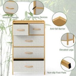 Costway Dresser For Bedroom 5-Drawer Bamboo Chest Of Drawers Vertical Storage Tower - thumbnail 3