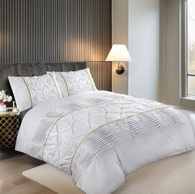 Duvet Cover And Pillowcase Set Pintuck Pleated Design Polycotton Linen White - image 1