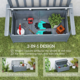 Outsunny Garden Storage Bench, 2 Seater Fir Wood Outdoor Bench, Dark Grey - thumbnail 4