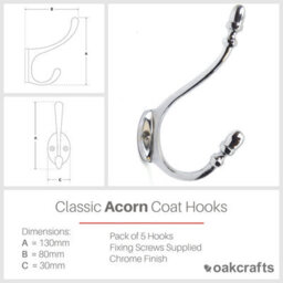 Oakcrafts - Acorn Design Coat Hook In Polished Chrome Finish - 130mm - Pack Of 5 Hooks - thumbnail 2