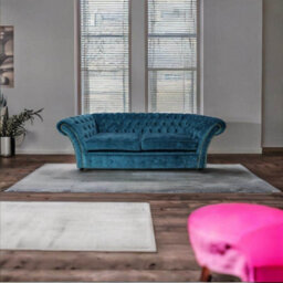 Chesterfield 3 Seater Sofa Modena Peacock Blue Fabric In Balmoral Style - thumbnail 4