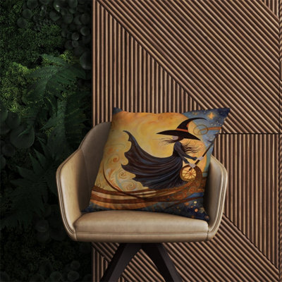 Warren Reed Designer Whimsical Witch On A Broomstick Outdoor Cushion 60Cm X 60Cm