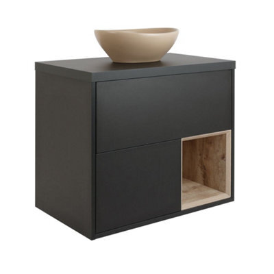Homestylestore Black Grey 800mm Led Lit Wall Hung Bathroom Vanity Unit Oval Sand Countertop Basin Open Shelf - image 1