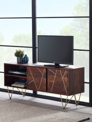 Loft Solid Wood And Metal Gold Legs 2 Shelves & 2 Doors Plasma Media Unit - image 1
