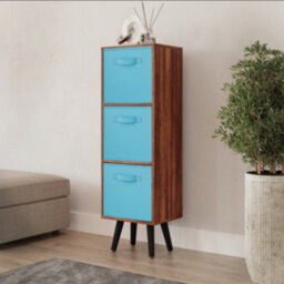 Urbn-Living Urbnliving 80Cm Height 3 Tier Teak Wooden Storage Bookcase Scandinavian Style Black Legs With Sky Blue Inserts