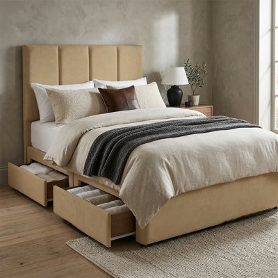 "Adore Designs Stafford Plush Velvet Divan Bed, 50"" Headboard - 4Ft6 Double - Coffee - 2 Drawers Same Side" - image 1