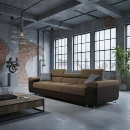 Torezio 3 Seater Sofa Bed Has Adjustable Headrests And Dolphin Mechanism Brown And Beige