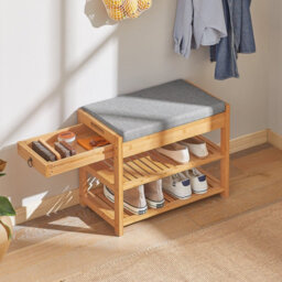 Sobuy Fsr49-N, Hallway Bamboo Shoe Rack With Cushion And Drawer Shoe Storage Bench For Entryway, Hallway Storage Organizer - thumbnail 2