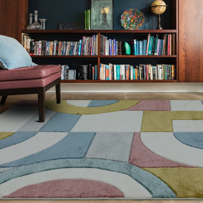 Retro Multi Modern Geometric Easy To Clean Dining Room Rug-120Cm X 170Cm - image 1