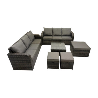 Fimous Rattan Garden Outdoor Furniture Set 3 Seater Sofa Square Coffee Table Set With 3 Stools Dark Grey Mixed - image 1