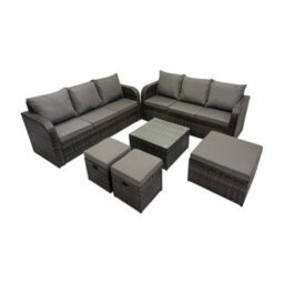 Fimous Rattan Garden Outdoor Furniture Set 3 Seater Sofa Square Coffee Table Set With 3 Stools Dark Grey Mixed - thumbnail 2