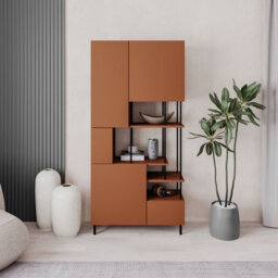 Decortie Modern Key Bookcase 5-Doors Storage Cabinet And Minimal Open Shelves Display Unit Metal Legs 84(W)X175(H)Cm Cinnamon - thumbnail 1