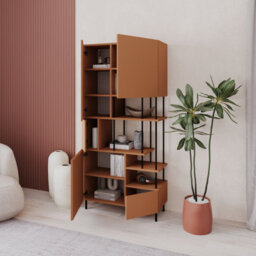 Decortie Modern Key Bookcase 5-Doors Storage Cabinet And Minimal Open Shelves Display Unit Metal Legs 84(W)X175(H)Cm Cinnamon - thumbnail 6