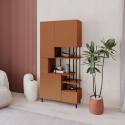 Decortie Modern Key Bookcase 5-Doors Storage Cabinet And Minimal Open Shelves Display Unit Metal Legs 84(W)X175(H)Cm Cinnamon - thumbnail 4