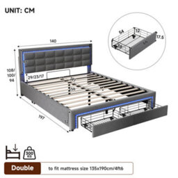 Btm 4Ft6 Double Velvet Bed With Hydraulic   Drawer Storage, Led Tufted Headboard With Charging Station, Grey - thumbnail 9