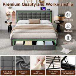 Btm 4Ft6 Double Velvet Bed With Hydraulic   Drawer Storage, Led Tufted Headboard With Charging Station, Grey - thumbnail 8