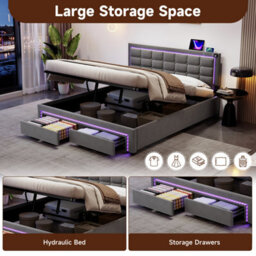 Btm 4Ft6 Double Velvet Bed With Hydraulic   Drawer Storage, Led Tufted Headboard With Charging Station, Grey - thumbnail 6