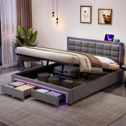 Btm 4Ft6 Double Velvet Bed With Hydraulic   Drawer Storage, Led Tufted Headboard With Charging Station, Grey - thumbnail 3