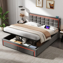 Btm 4Ft6 Double Velvet Bed With Hydraulic   Drawer Storage, Led Tufted Headboard With Charging Station, Grey - thumbnail 4