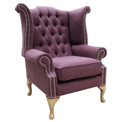Chesterfield High Back Wing Chair Bacio Damson Purple Fabric In Queen Anne Style - image 1