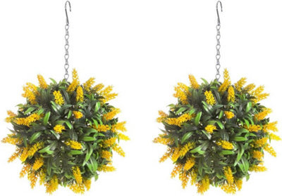 Pair Of Best Artificial 24Cm Yellow Lush Lavender Hanging Basket Flower Topiary Ball - Weather & Fade Resistant - image 1