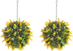 Pair Of Best Artificial 24Cm Yellow Lush Lavender Hanging Basket Flower Topiary Ball - Weather & Fade Resistant - thumbnail 1