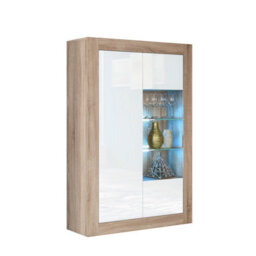 Arcadia Display Cabinet 140Cm Oak & White With High Gloss Doors And Led Lighting - Creative Furniture - thumbnail 3
