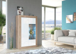 Arcadia Display Cabinet 140Cm Oak & White With High Gloss Doors And Led Lighting - Creative Furniture - thumbnail 2