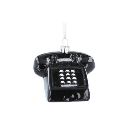 Gisela Graham Christmas Retro Telephone Hanging Tree Decoration - Black And Silver, 6.5 X 5 Cm, Small Gloss Ornament