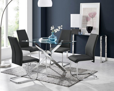 Furniturebox Leonardo 4 Seater Rectangular Glass Dining Table With Silver Metal Legs & 4 Black Lorenzo Faux Leather Chairs - image 1