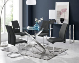 Furniturebox Leonardo 4 Seater Rectangular Glass Dining Table With Silver Metal Legs & 4 Black Lorenzo Faux Leather Chairs
