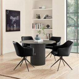 Furniturebox Uk Penrose Black Round Dining Table & 4 Black Calla Faux Leather Swivel Chairs