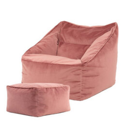 icon Natalia Velvet Adults Bean Bag Armchair And Pouffe, Ready Filled Large Beanbag And Footstool Dusk Pink
